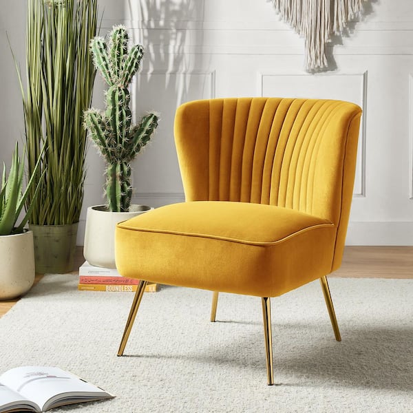 JAYDEN CREATION Monica Modern Mustard Velvet Comfy Living Room Side Chair with Golden Metal Legs