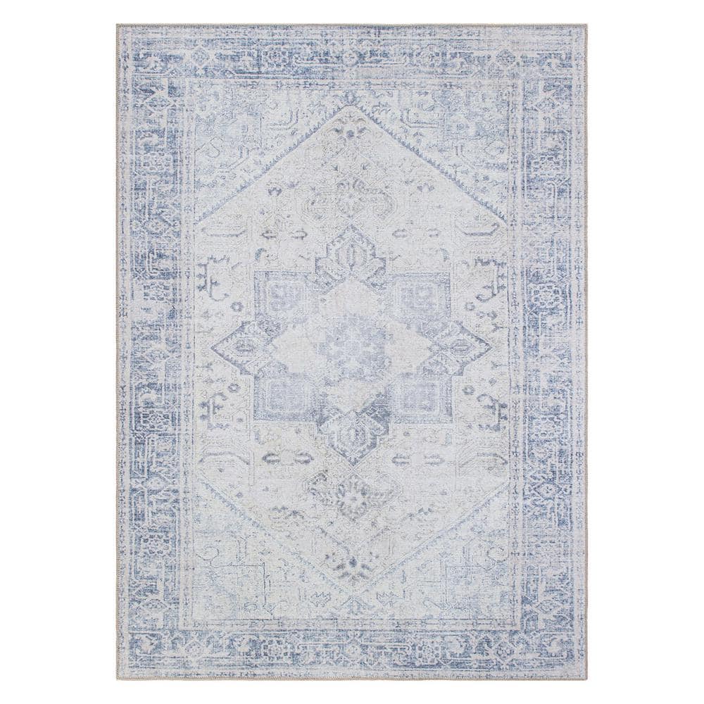 Blue Medallion Flat Woven Washable Synthetic Area Rug 5' x 7'