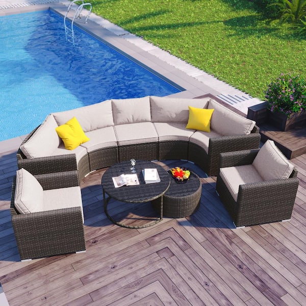 Brown 9-Piece Wicker Outdoor Half-moon Patio Conversation Set with Beige Cushions and Coffee Table for Backyard
