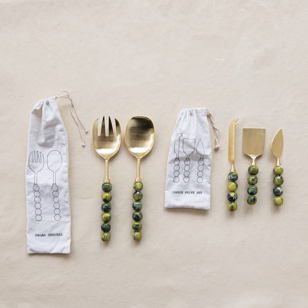2-Piece Stainless Steel Salad Spoon And Fork Server with Marbled Resin Ball Handles