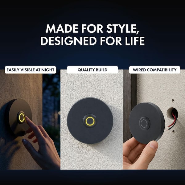 Wired Metal Circular Recessed Mount Doorbell Chime Push Button with LED Button Light in Black, Door Bell Button Only