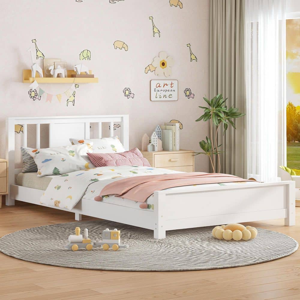 Polibi White Twin Size Kids Bed with Headboard,support Slats RS35