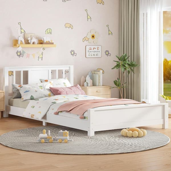 Polibi White Twin Size Kids Bed with Headboard,support Slats RS35