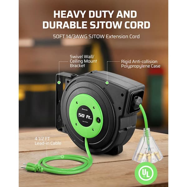 50 ft. 14/3 SJTOW 13 Amp Retractable Extension Cord Reel with Lighted Triple Tap Grounded Outlets, Green