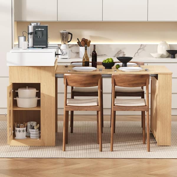 FAMYYT Natural Extendable Wood Tabletop 58 in. Kitchen Island with