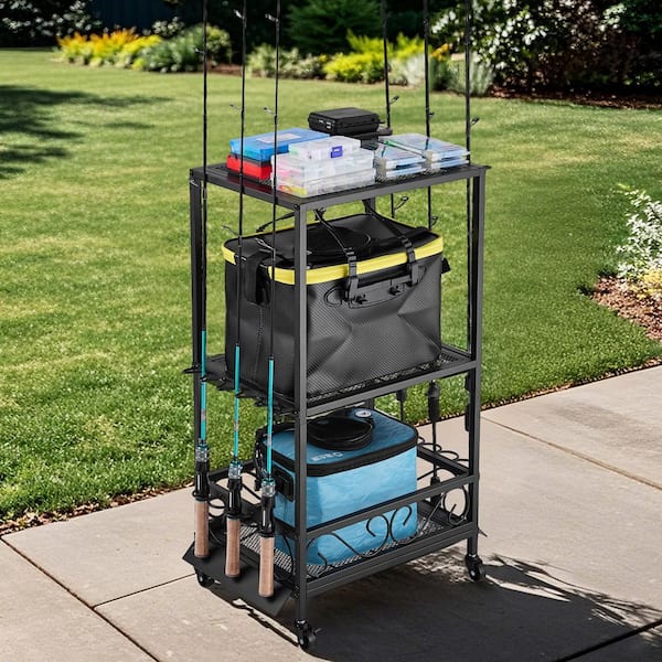 mobile fishing rod holder Stillwater Pole Storage Rack Duty Solid Wood Frame with Engineered Wood Shelves – Built with a sturdy solid wood frame for superior strength and stability Olakee Rolling Fishing Rod Holder