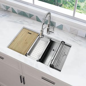 Professional Zero Radius 32 in. Undermount Single Bowl 16 Gauge Stainless Steel Workstation Kitchen Sink with Faucet