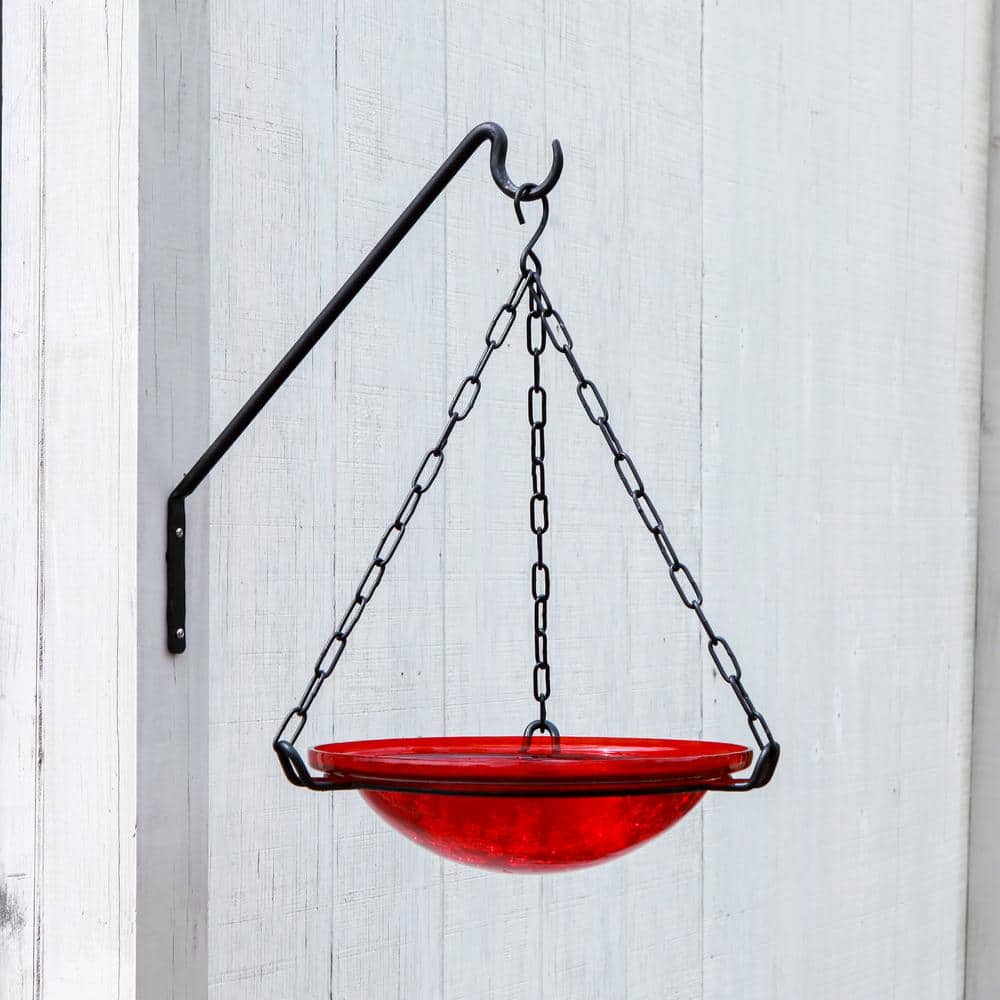 Red Crackle Glass Hanging Birdbath with Iron Chain
