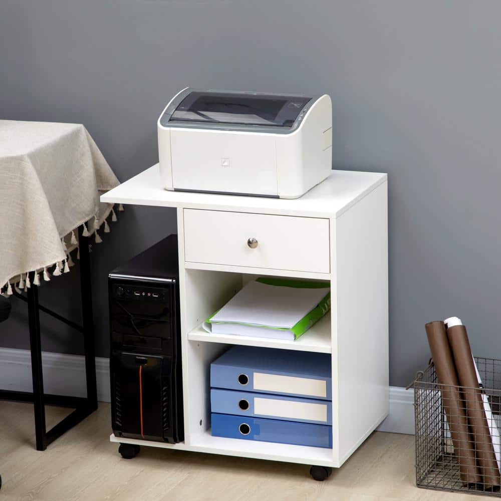White Particleboard Mobile Printer Stand with Adjustable Shelf and Drawer
