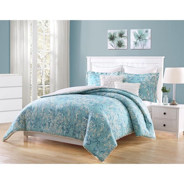 Finley Pom Pom 7 Piece Aqua White Taupe King Comforter Set Ymz008064 The Home Depot