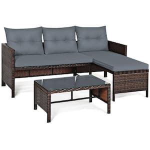 3-Piece Plastic Wicker Patio Conversation Sectional Set with Gray Cushion