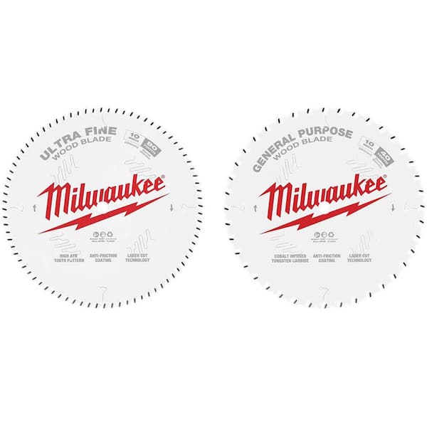 Milwaukee 10in. x 80-Tooth Carbide Ultra Fine Finish Blade and 10in. x 40-Tooth General Purpose Circular Saw Blade (2-Pack)