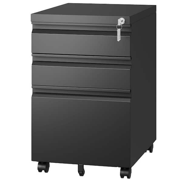 17.32 in. W 3 Drawer Metal Mobile File Tool Cabinet with Lock, Black Filing Cabinets, Fully Assembled Tool Carts
