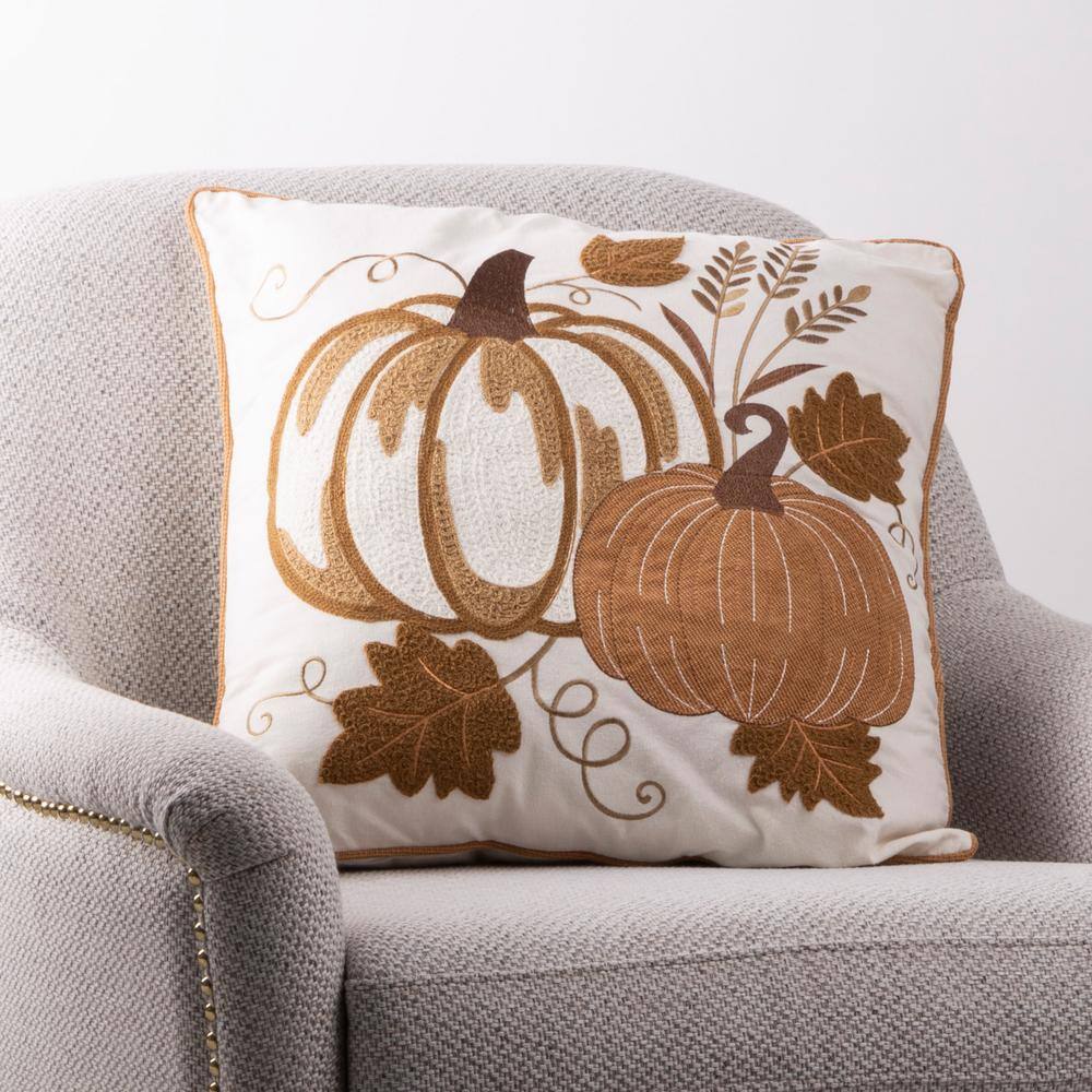 18x18 Beige Cotton Polyester Embroidered Pumpkin Throw Pillow