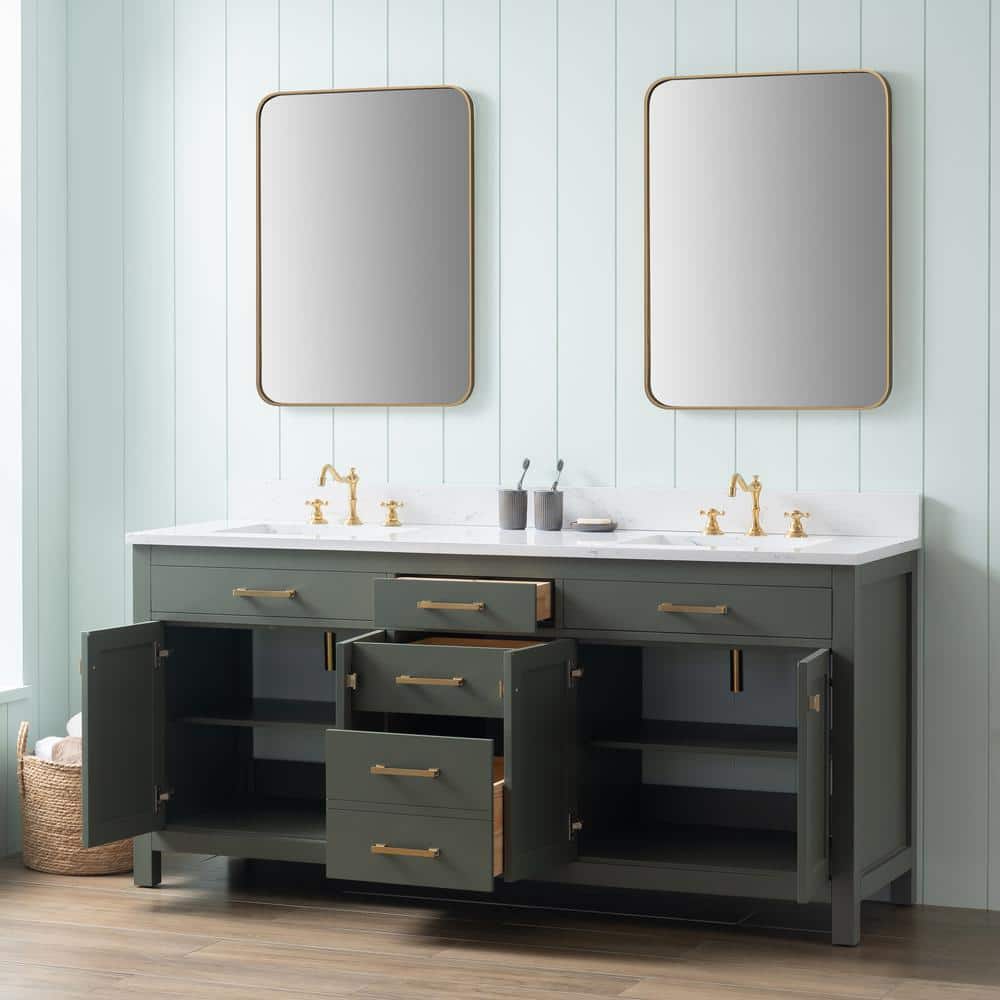 Vintage Green Double Vanity with Carrara White Top and Brushed Bronze Hardware