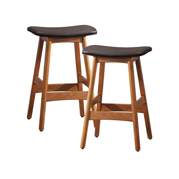 Unbranded Lillie 25.5 in. Walnut Finish Wood Counter Height Stool with Matt Brown Faux Leather Seat (Set of 2)