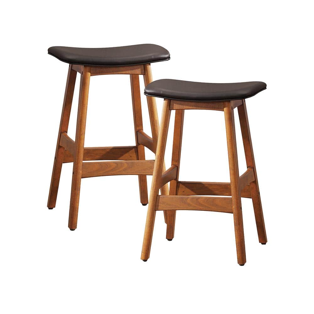 Brown Faux Leather Saddle Counter Stool with Walnut Wood Frame