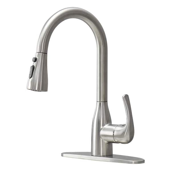 PowerClean Gooseneck Single Handle Pull Down Sprayer Kitchen Faucet with Deckplate Pull Out Faucet in Brushed Nickel