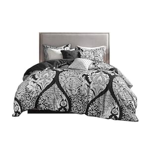 Black and White Damask Pattern Printed Cotton and Polyester Duvet Cover King Set, (6-Pack)