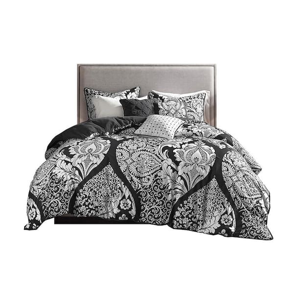 Afoxsos Black and White Damask Pattern Printed Cotton and Polyester Duvet Cover King Set, (6-Pack)