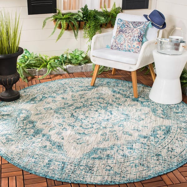 Courtyard Gray/Blue 7 ft. x 7 ft. Round Geometric Indoor/Outdoor Patio  Area Rug