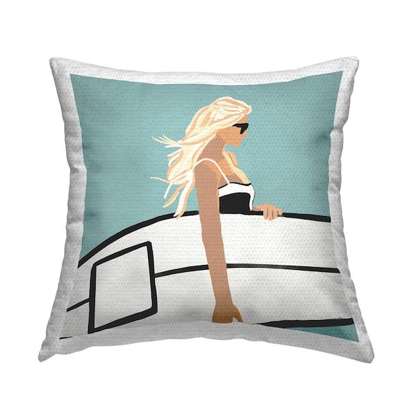 Summer Surfer Girl Beach Sky Green Square Outdoor Throw Pillow