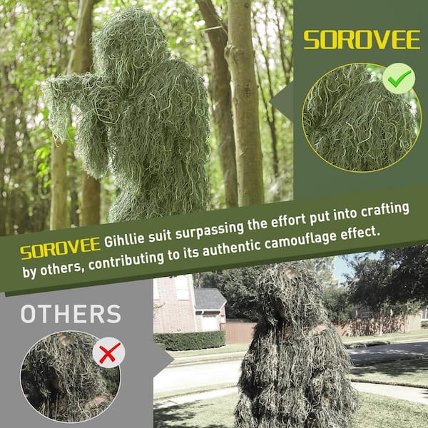 6 in 1 Kid Woodland Ghillie Suit, 3D Camouflage Hunting Apparel Including Jacket, Pants, Hood, Carry Bag and Camo Tapes