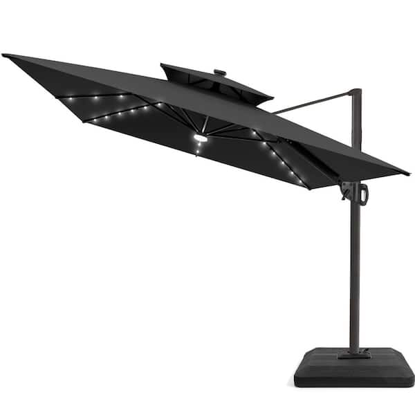 Pellebant 9 ft. x 11 ft. 2-Tier Outdoor Cantilever 360° Rotation Solar LED Lighted Tilt Patio Umbrella with Weights Base in Black
