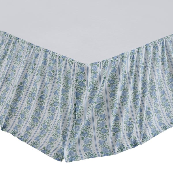 VHC BRANDS Jolie 16 in. Farmhouse Blue Creme Green Floral Twin Bed Skirt