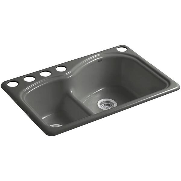 KOHLER Woodfield Smart Divide Undercounter Cast Iron 33 in. 5-Hole Double Bowl Kitchen Sink in Thunder Grey