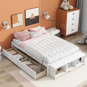 White Wood Frame Full Size Platform Bed with Storage Case and 2-Drawer