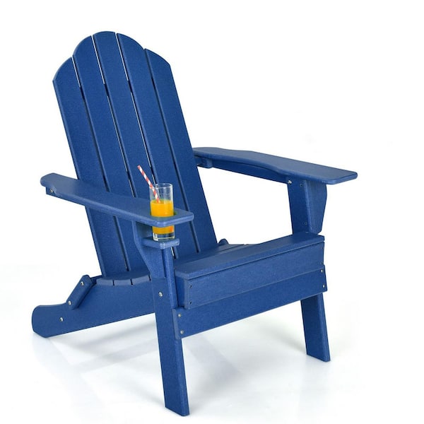 Navy Foldable Plastic Adirondack Chair with Built-in Cup Holder (1-Pack)