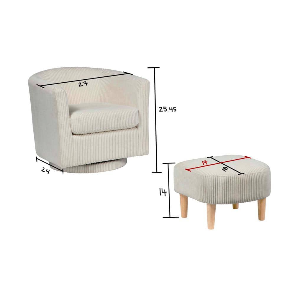 White Velvet Swivel Barrel Chair and Ottoman with Wood Legs