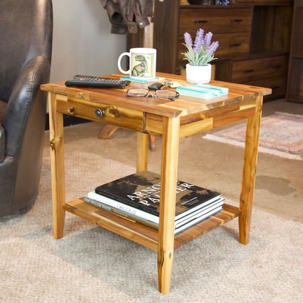 Solid Acacia Wood 22 in. Natural End Table with Drawer and Shelf