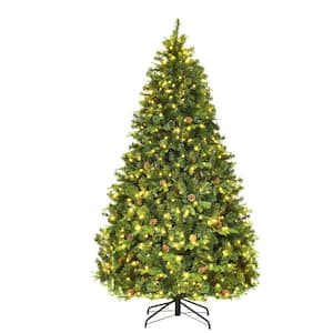 8 ft. Green Pre-Lit LED Full Artificial Christmas Tree with 1335 PVC and PE Tips 600 Warm White Lights and 81 Pine Cones