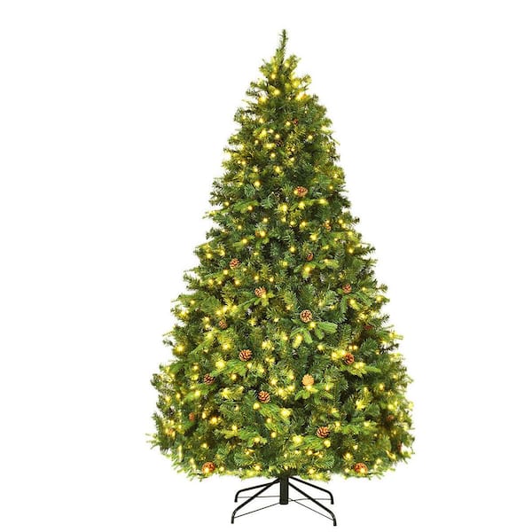 WELLFOR 8 ft. Green Pre-Lit LED Full Artificial Christmas Tree with 1335 PVC and PE Tips 600 Warm White Lights and 81 Pine Cones