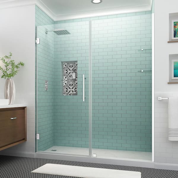 Aston Belmore GS 69.25 in. to 70.25 in. x 72 in. Frameless Hinged Shower Door with Glass Shelves in Chrome