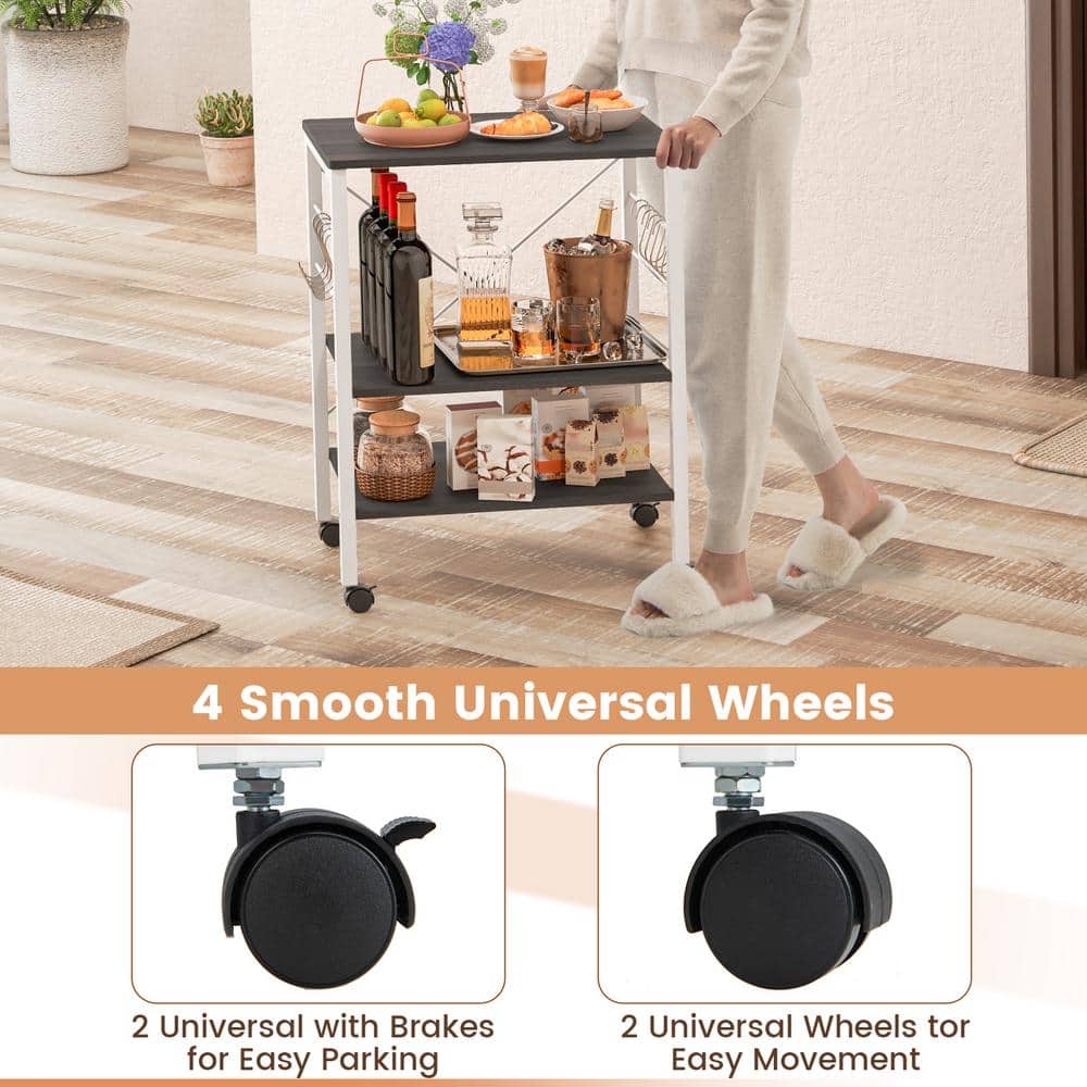 Brown 3-Tier Kitchen Cart with Storage and Hooks