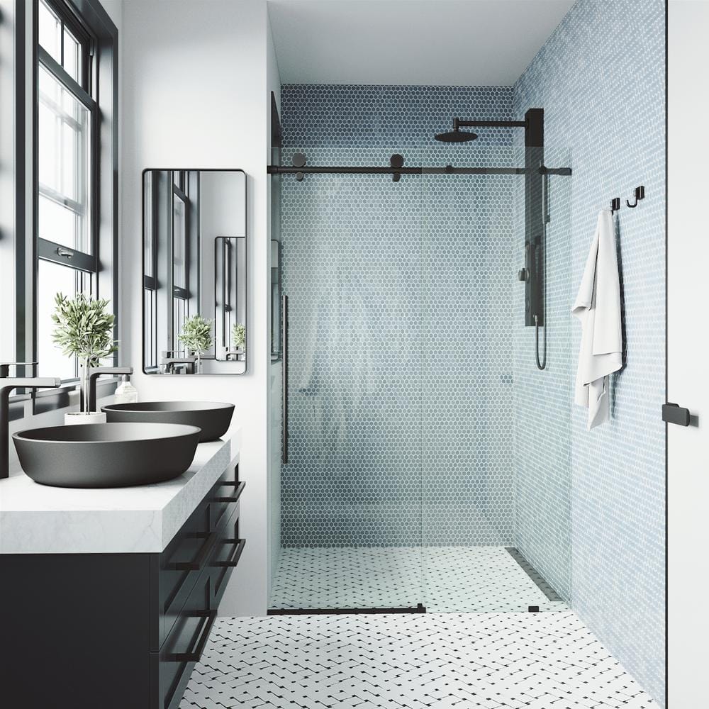 Elan E-Class 68" Wide Matte Black Frameless Sliding Shower Door with Clear Glass