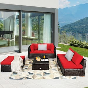 6-Pieces Rattan Patio Sectional Sofa Set Outdoor Furniture Set with Red Cushions