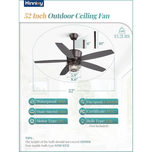 ⭐︎MW⭐︎ HINNIXY 52 in Outdoor Brown Waterproof Ceiling Fan with Lights and