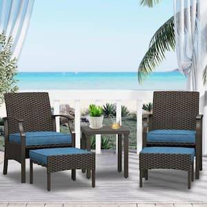 5-Piece Wicker Patio Conversation Set Dining Chair and Side Table Set With Blue Cushions and Foot Rest