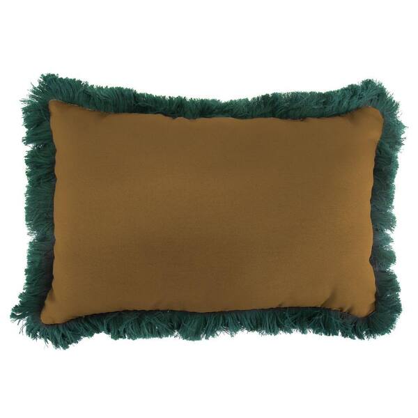 Jordan Manufacturing Sunbrella 9 in. x 22 in. Canvas Teak Lumbar Outdoor Pillow with Forest Green Fringe