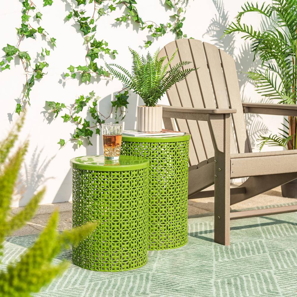 Green Metal Garden Stool Set with Cut-Out Design, 2-Piece