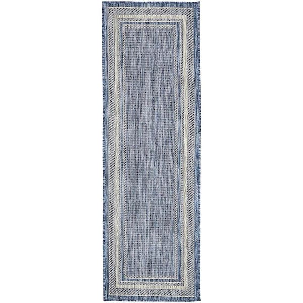 Unique Loom Outdoor Soft Border Blue 2' 0 x 6' 0 Runner Rug