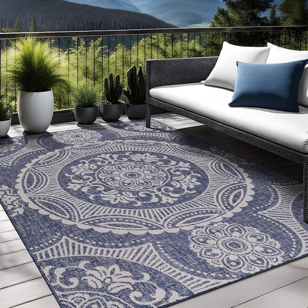 6 X 9 Blue White Waikiki Modern Medallion Indoor Outdoor Area Rug