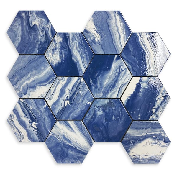The Tile Doctor Selleny Hex Blue 5.5 in. x 6.3 in. Glossy Matte Mix Porcelain Artistic Glaze Floor Wall Pool Tile (4.73 sq. ft./Case)