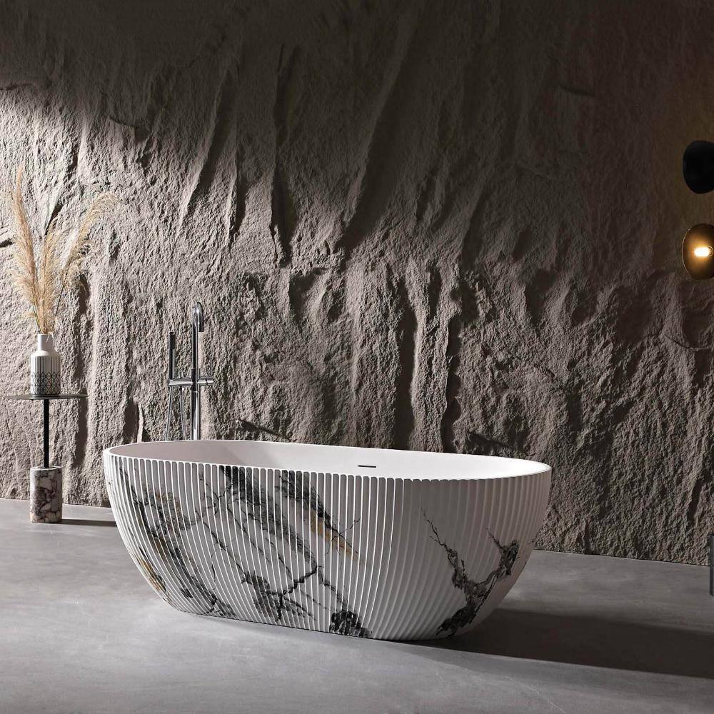 AURIN 67 in. Stone Resin Bathtub Freestanding Solid Surface Double-Ended Bathtub with Fluted Design in Ink Floral Finish price history on PriceWatchPro