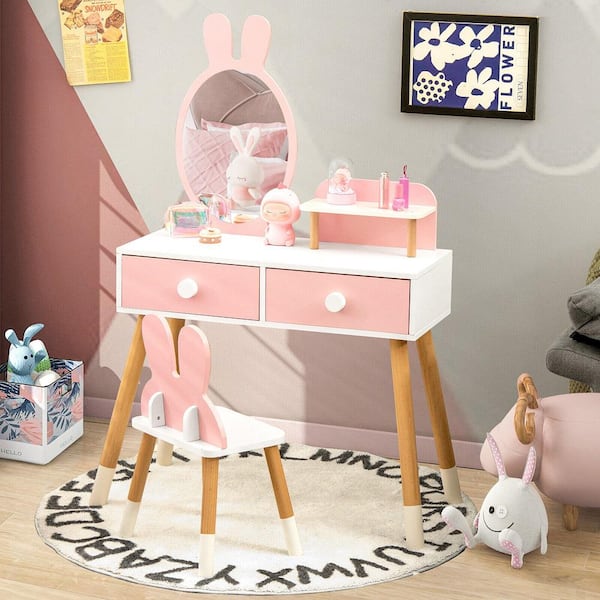Kid Vanity Set Makeup Table Stool with 2-Drawers Shelf Wood Leg Rabbit Mirror Pink Chest of Drawers