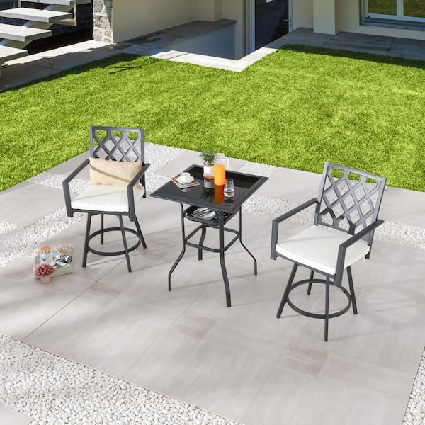Black 3-Piece Metal Outdoor Bistro Set with White Cushion